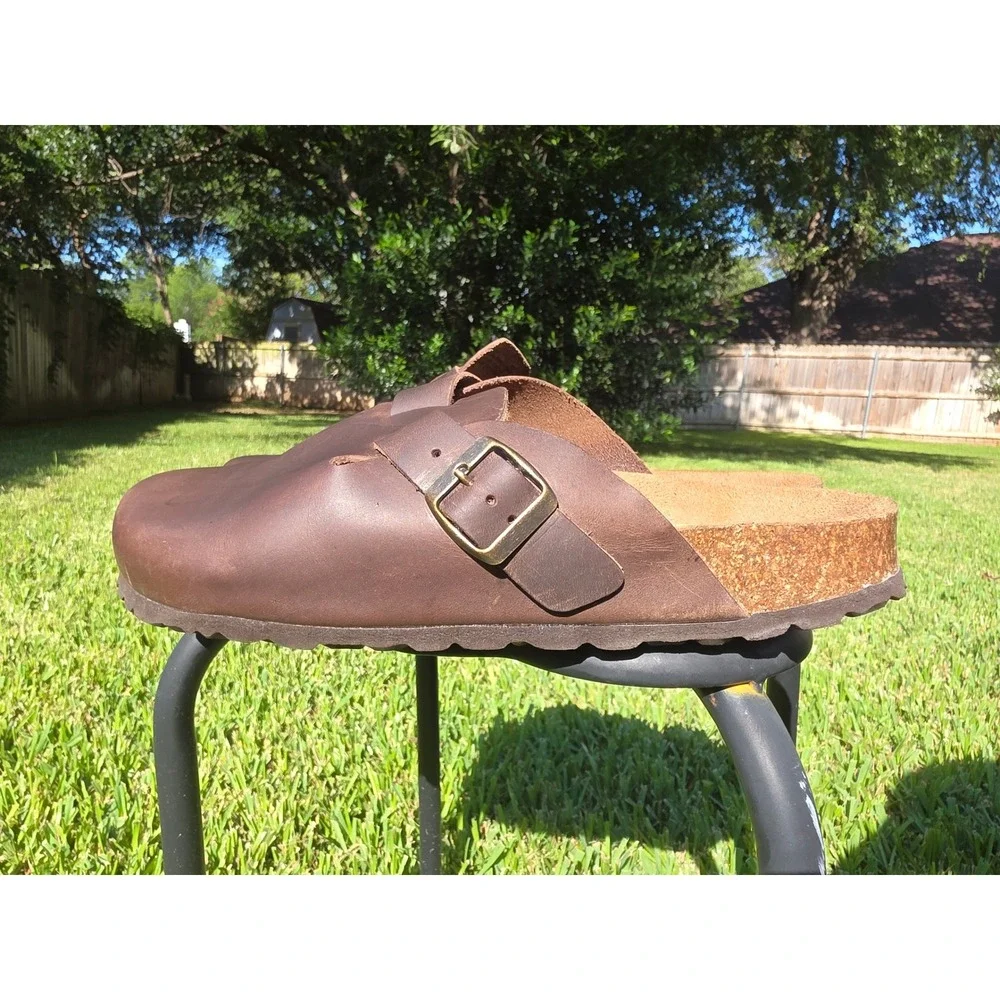 Autenti by Penta Brown Leather Clogs Mules Buckle Cork Footbed Made in Spain 43